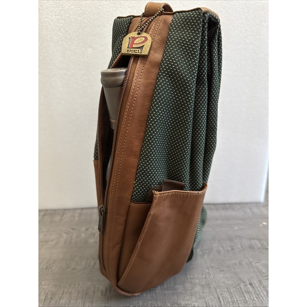 Rare PIEL Wine Naked Leather Double Sided Pocket Handle Carrier Tote Brown Green